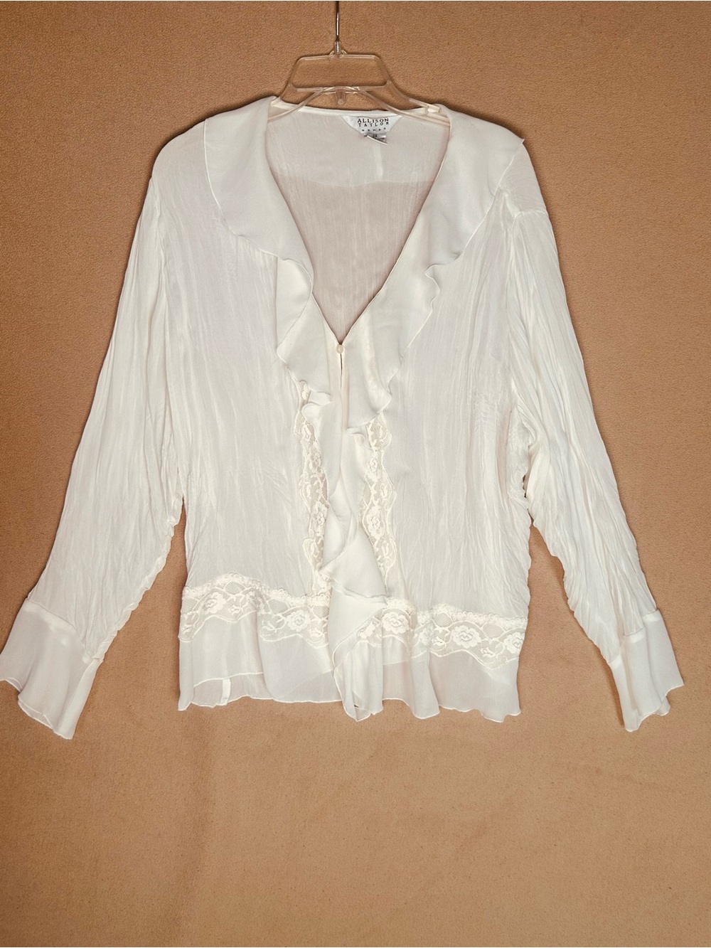 Allison Taylor 2X cream Ruffled Lace Trim V-Neck Blouse. Boho flowy lightweight